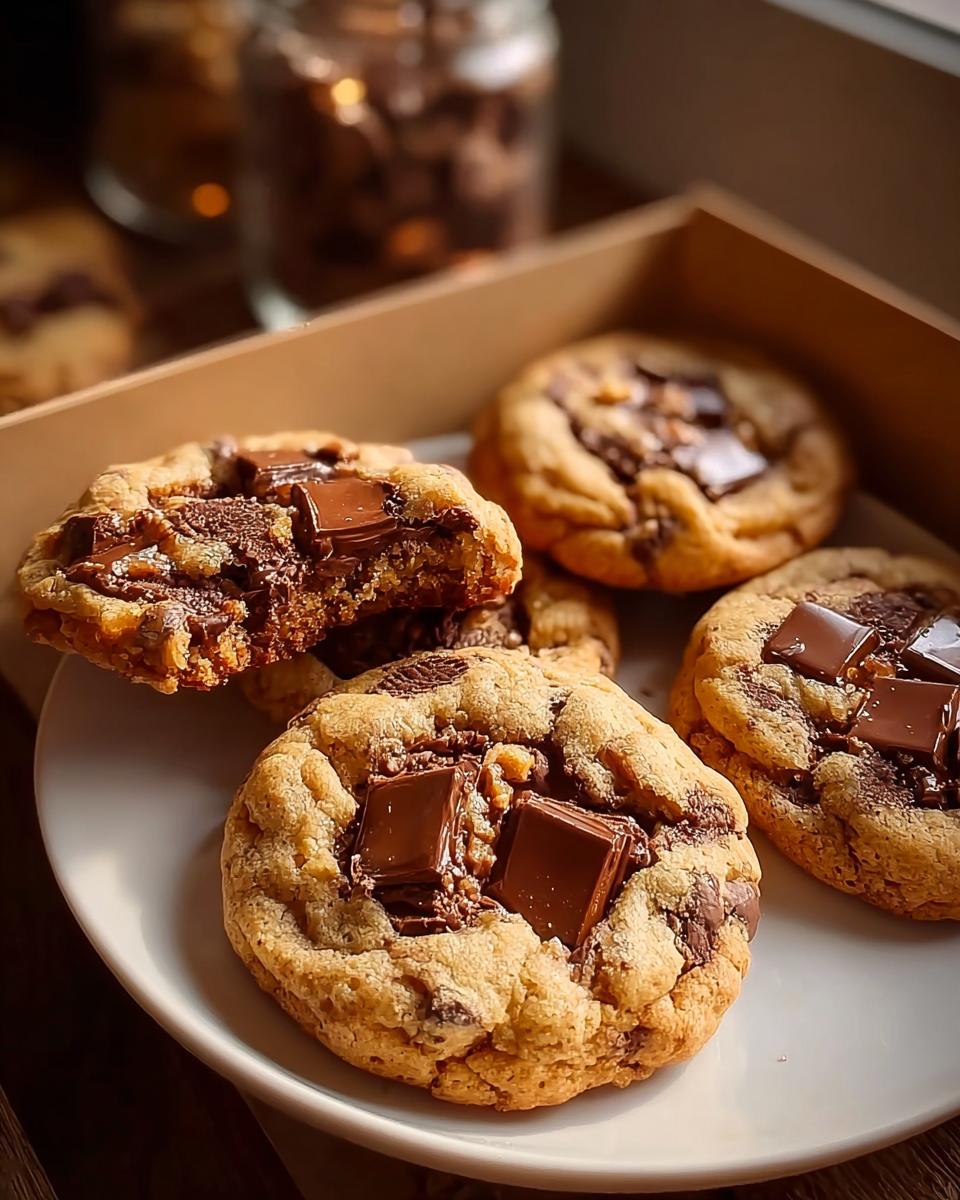 Several thick, golden Chocolate Chunk Cookies with melty pockets of chocolate served on a white plate.