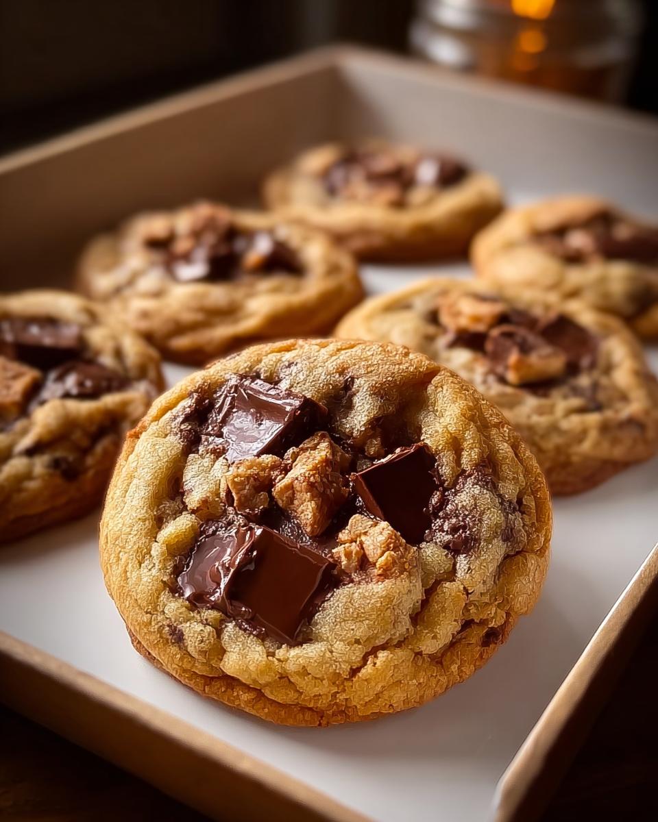 Close-up of a warm Chocolate Chunk Cookie with melty chocolate squares and toffee pieces on top.