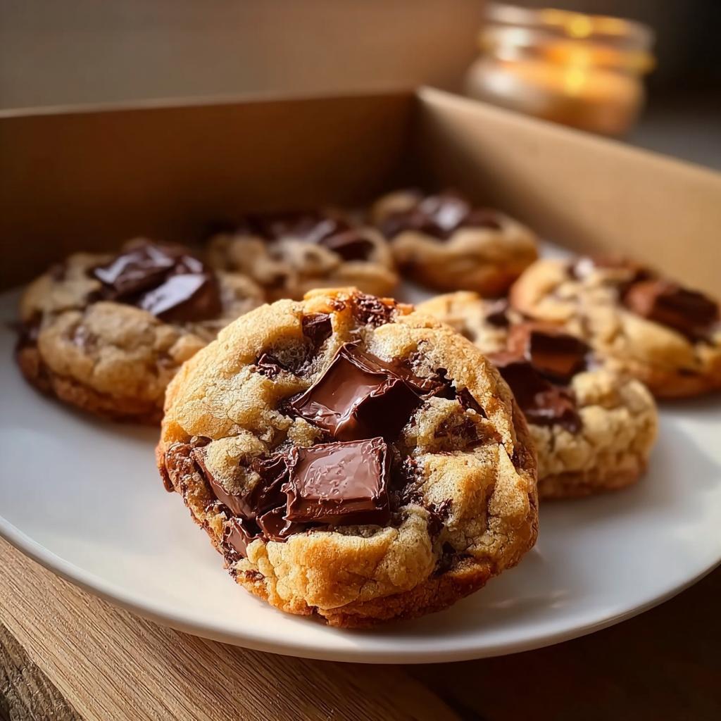 A close-up of one of the Chocolate Chunk Cookies with Melty Pockets, featuring large, glossy chocolate chunks on a white plate.
