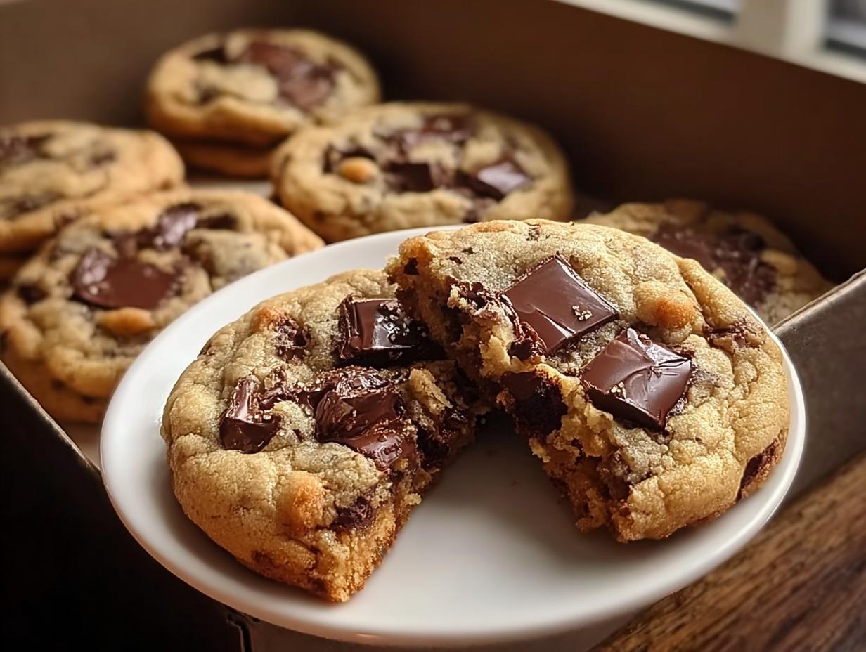 A broken Chocolate Chunk Cookie with Melty Pockets showing a soft interior and large chocolate chunks, resting on a white plate.