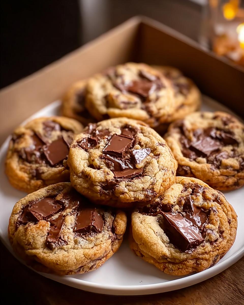 A pile of freshly baked Chocolate Chunk Cookies with Melty Pockets on a white plate inside a cardboard box.