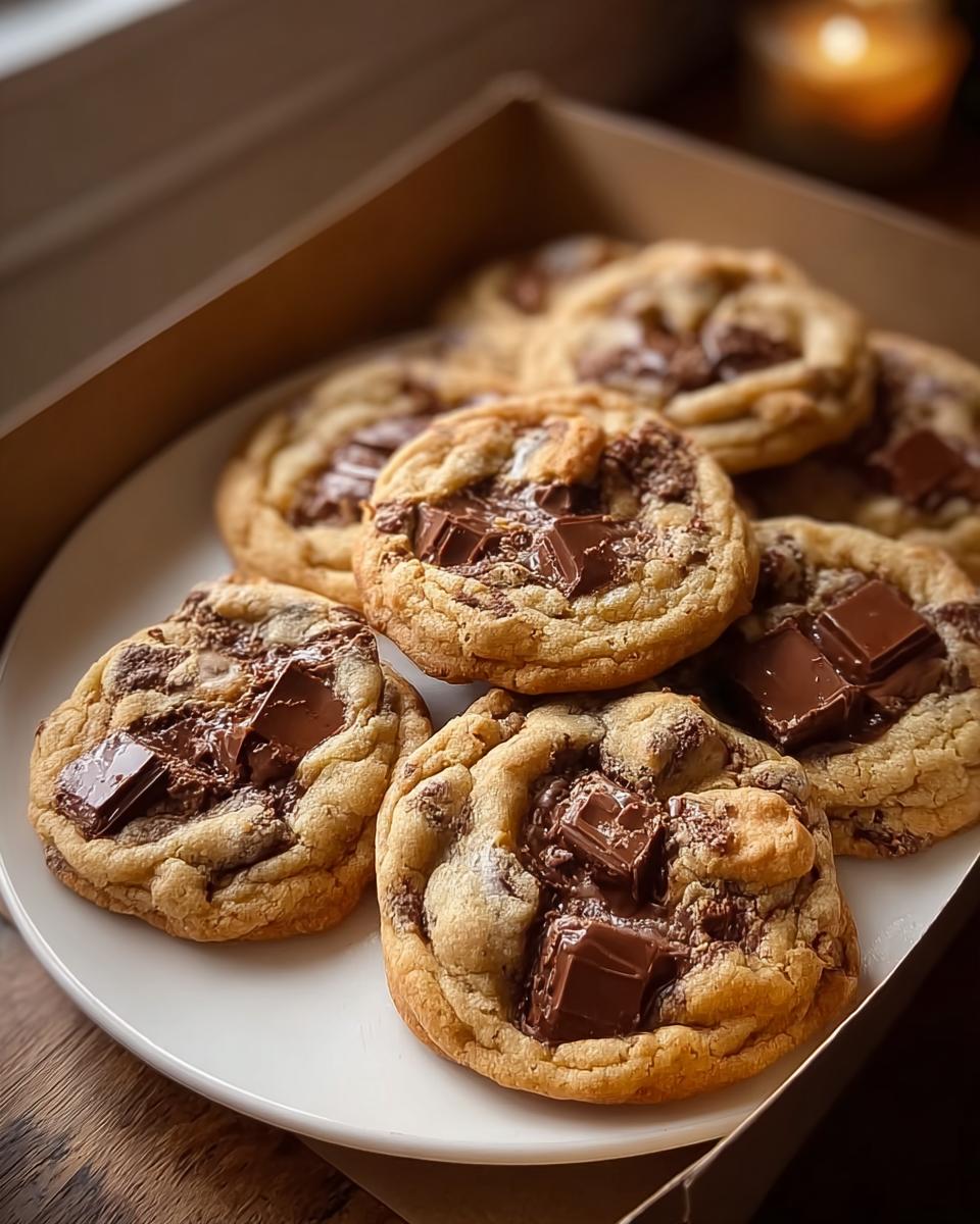A plate piled high with freshly baked Chocolate Chunk Cookies with Melty Pockets, featuring visible chunks of melted chocolate.