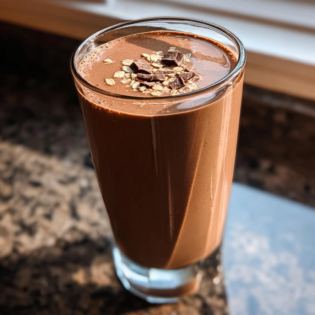 A tall glass filled with a thick Chocolate Protein Smoothie with Cocoa Flavor, topped with oats and chocolate chunks.