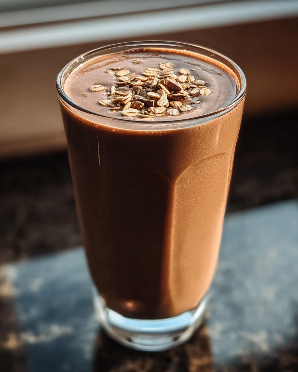 A tall glass of thick Chocolate Protein Smoothie with Cocoa Flavor, topped with rolled oats.