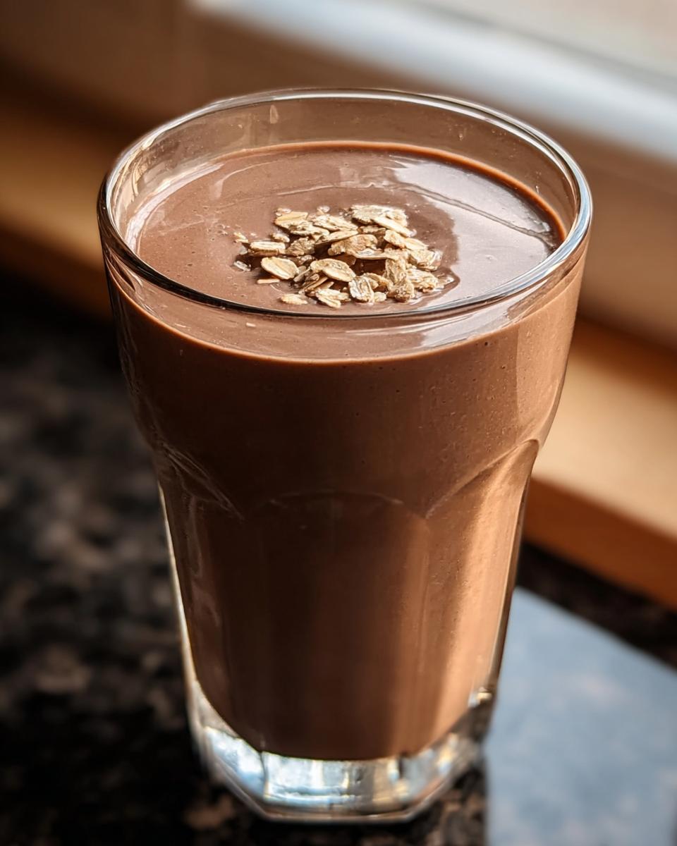 A tall glass filled with a thick, brown Chocolate Protein Smoothie with Cocoa Flavor, topped with rolled oats.