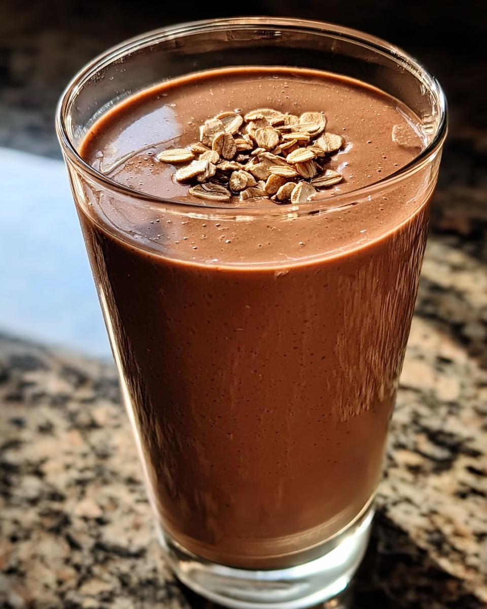 A tall glass filled with a thick Chocolate Protein Smoothie with Cocoa Flavor, topped with rolled oats.