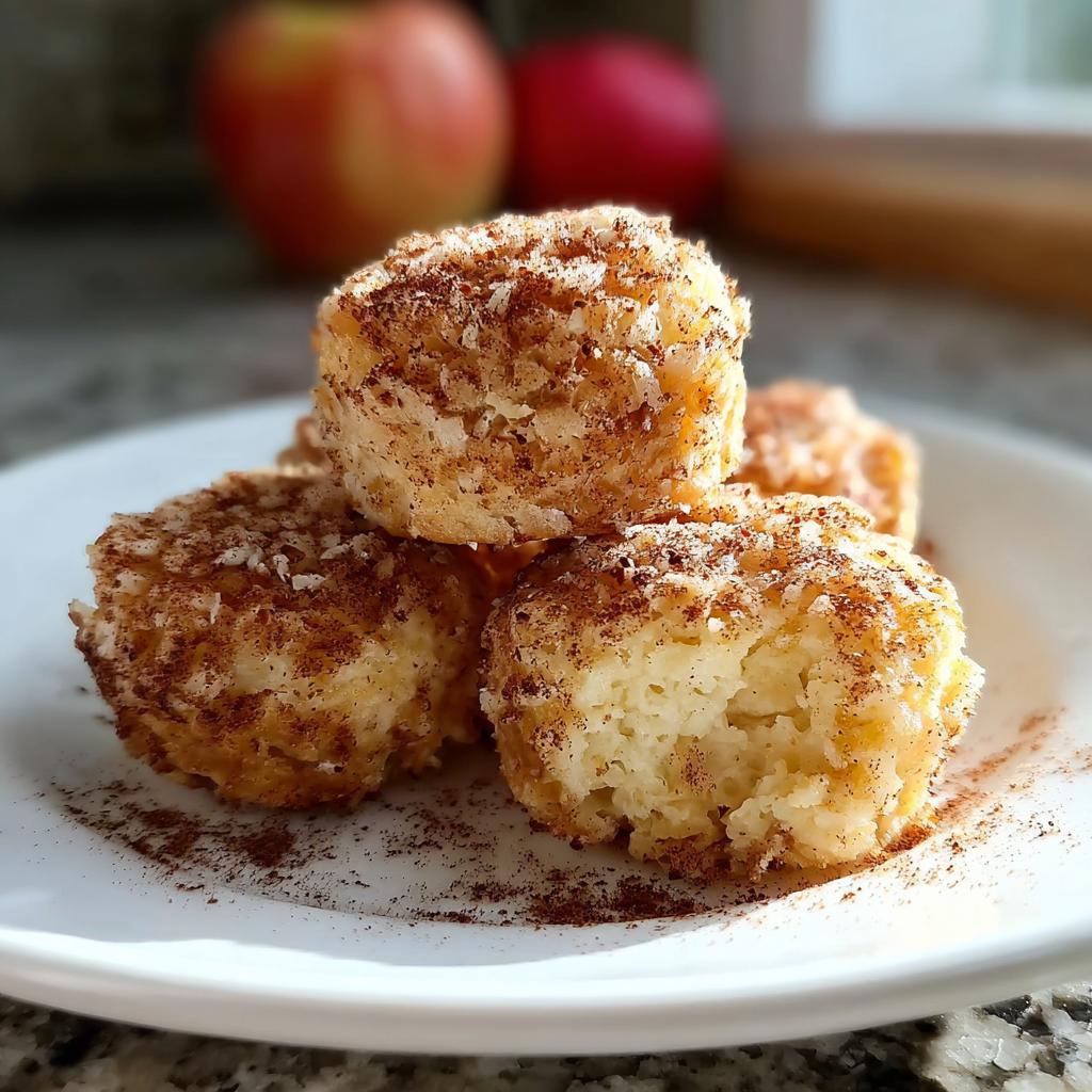 A stack of four soft Cinnamon Apple Cottage Cheese Bites dusted heavily with cinnamon sugar on a white plate.