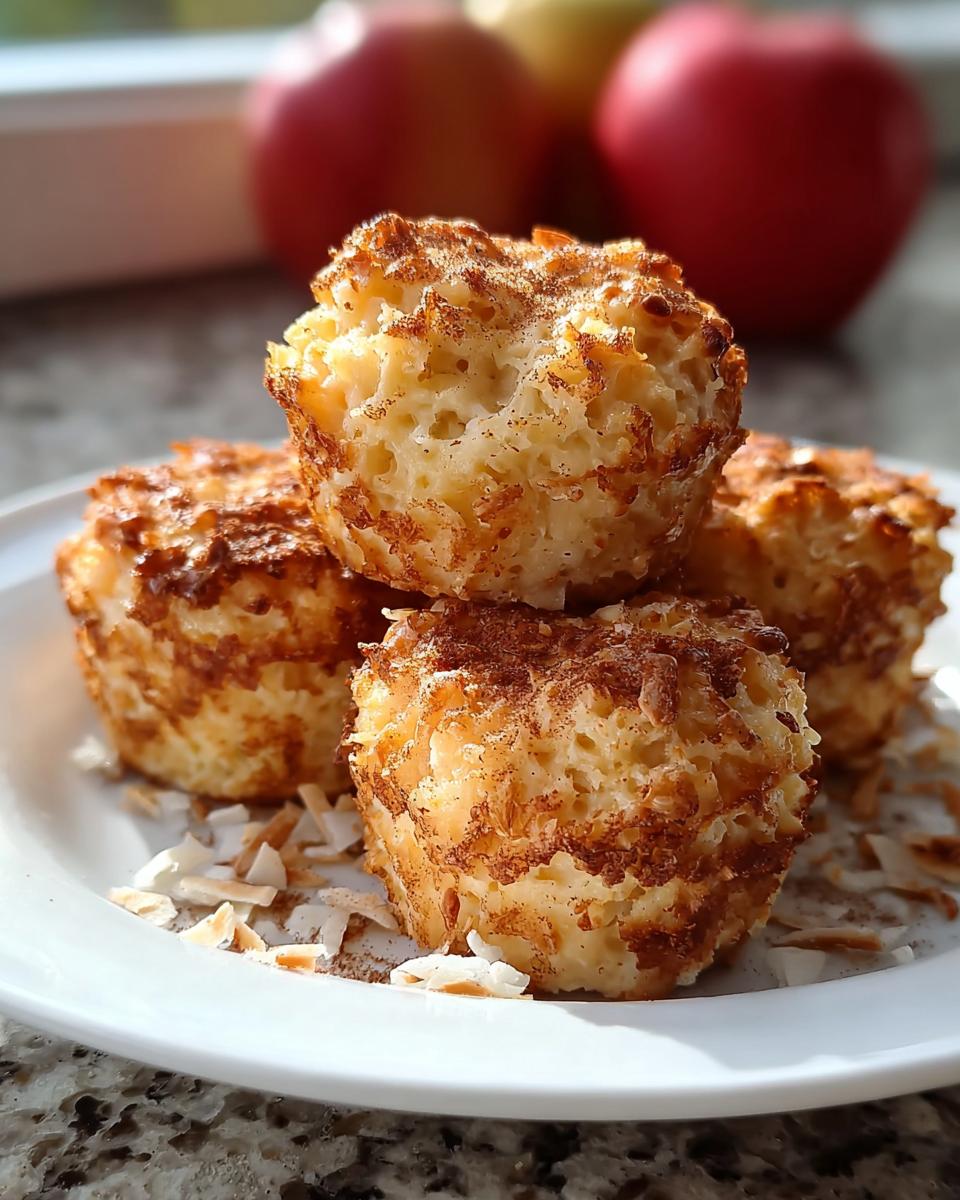 A stack of four golden-brown Cinnamon Apple Cottage Cheese Bites dusted with cinnamon.