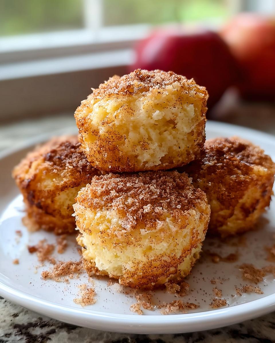 A stack of four fluffy Cinnamon Apple Cottage Cheese Bites topped with cinnamon sugar.