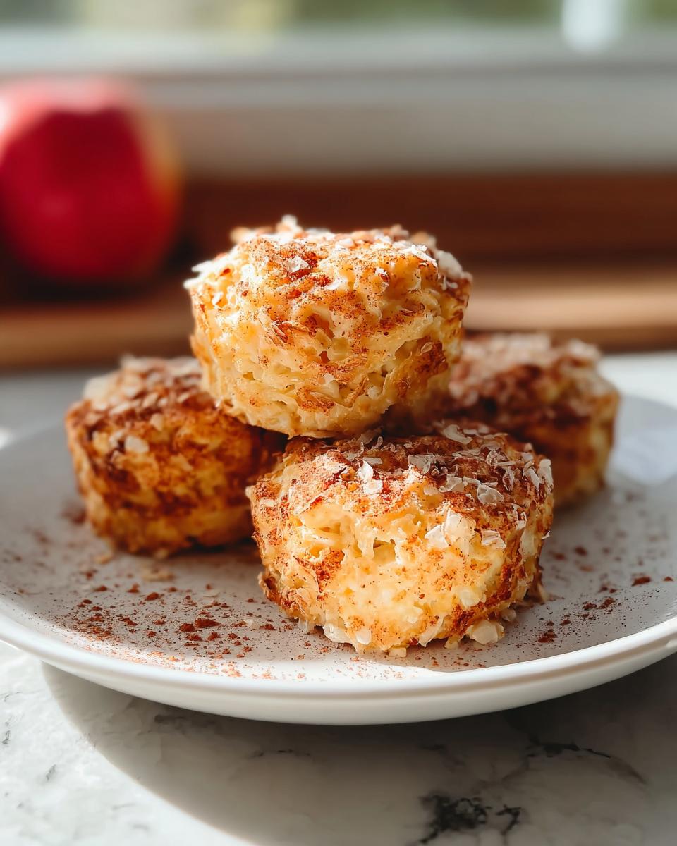 Four baked Cinnamon Apple Cottage Cheese Bites stacked on a white plate, dusted with cinnamon.