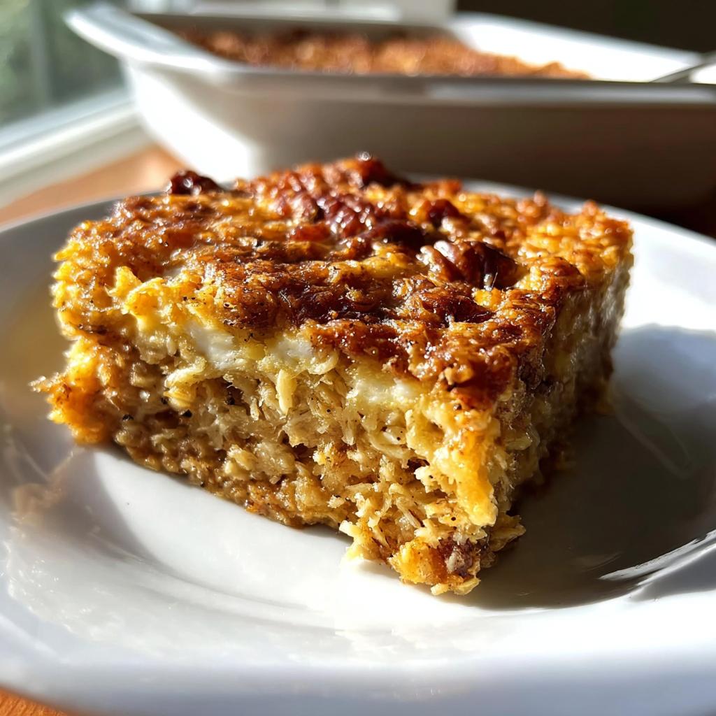 A square serving of Cinnamon Cottage Cheese Oatmeal Bake on a white plate, showing texture.