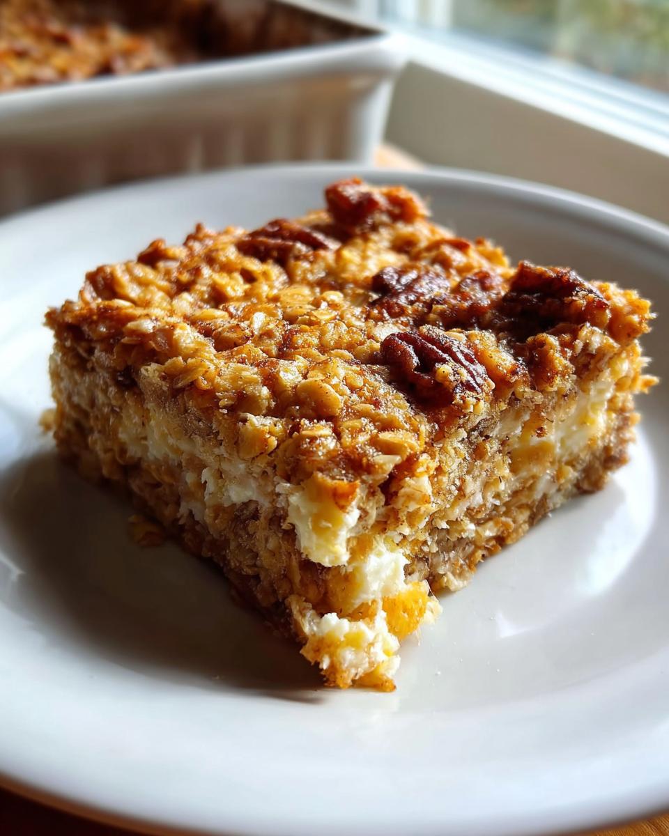 A square slice of Cinnamon Cottage Cheese Oatmeal Bake with a creamy white layer and pecan topping on a white plate.