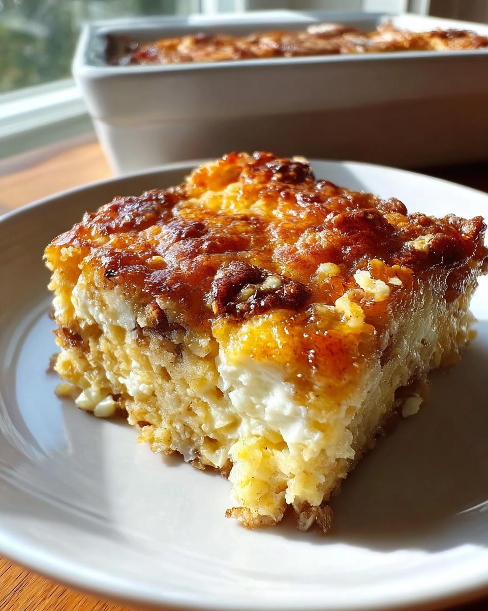 A close-up of a serving of Cinnamon Cottage Cheese Oatmeal Bake with a caramelized top.