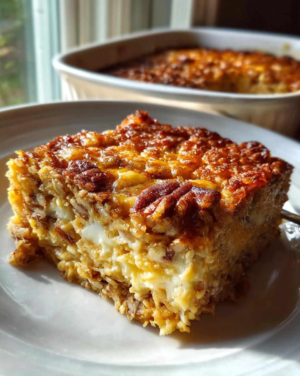 A square slice of Cinnamon Cottage Cheese Oatmeal Bake with a caramelized top and visible cottage cheese pockets.