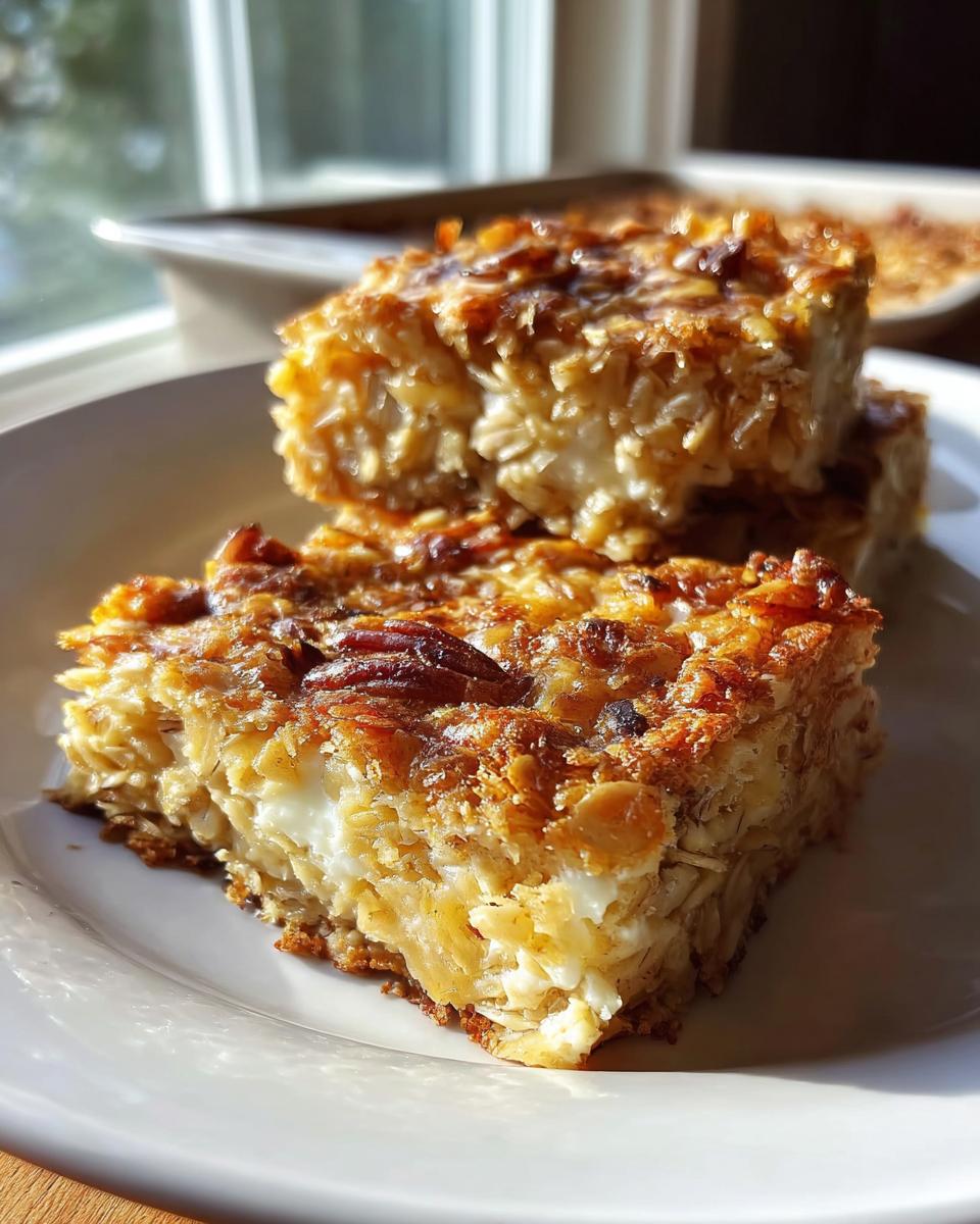 Two squares of baked Cinnamon Cottage Cheese Oatmeal Bake stacked on a white plate.