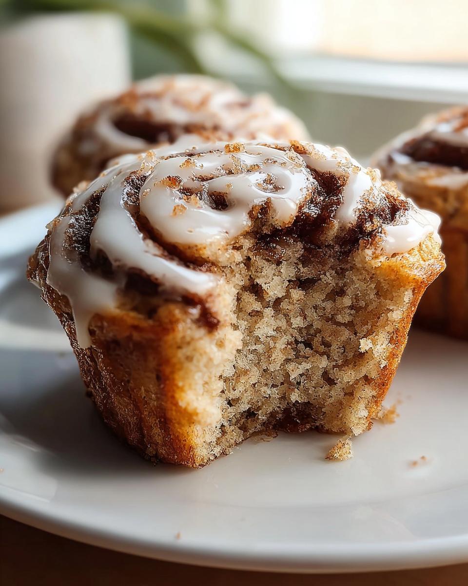 A close-up of a Cinnamon Roll Protein Muffin with a bite taken out, showing the soft interior and white glaze.