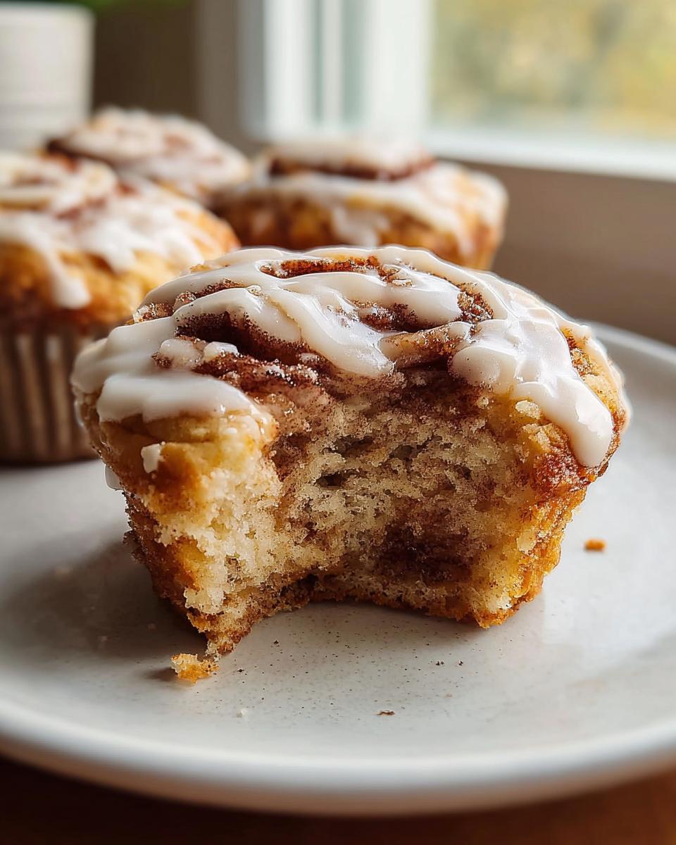 Close-up of a Cinnamon Roll Protein Muffins with a bite taken out, showing the swirl and white icing.