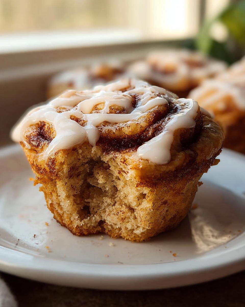 Close-up of a Cinnamon Roll Protein Muffin with a bite taken out, showing the fluffy interior and white icing.