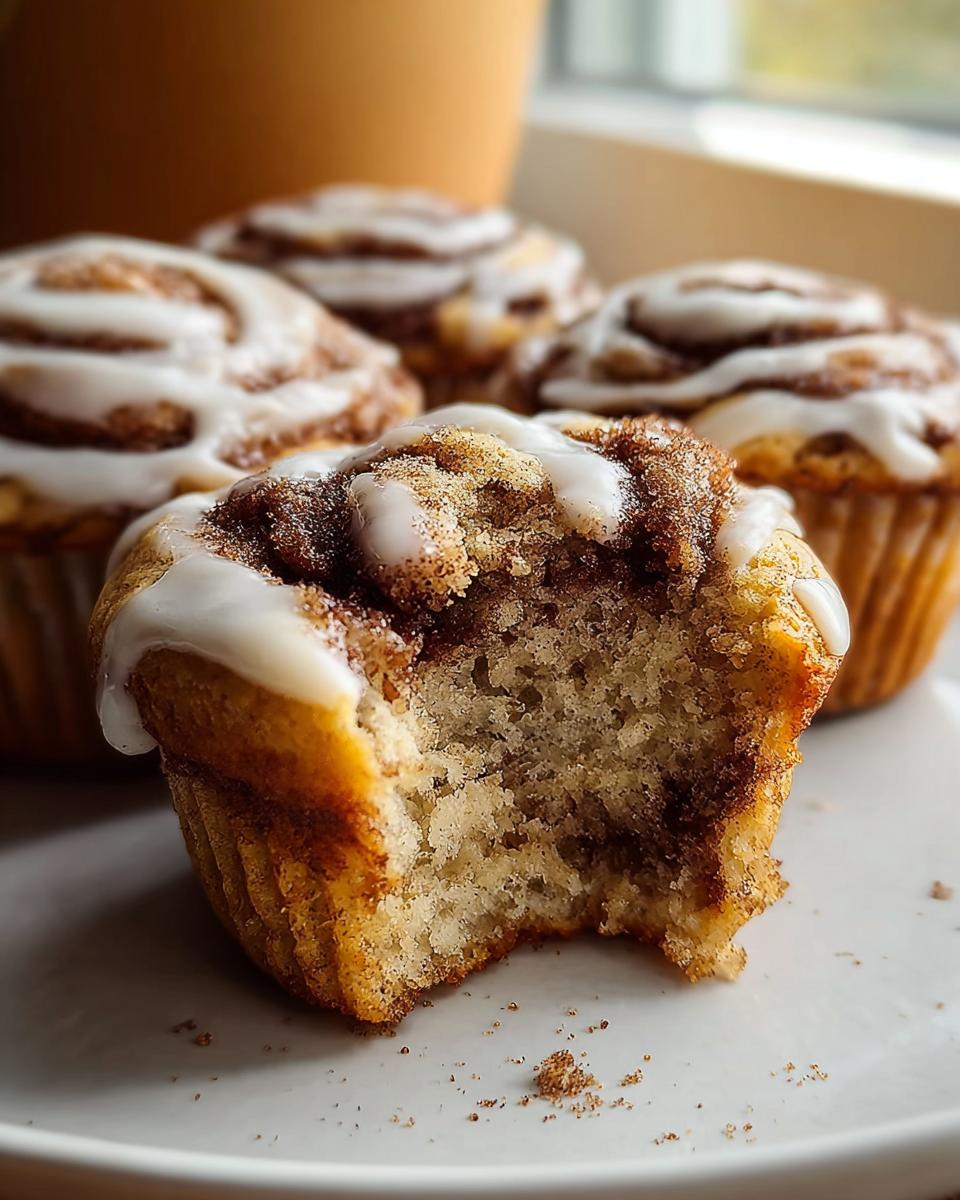 Close-up of a Cinnamon Roll Protein Muffin with a bite taken out, showing the swirled interior and white icing.