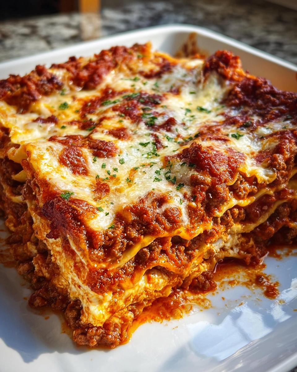A close-up of a thick, layered slice of Classic Beef Lasagna with Rich Tomato Sauce, topped with melted cheese and parsley.