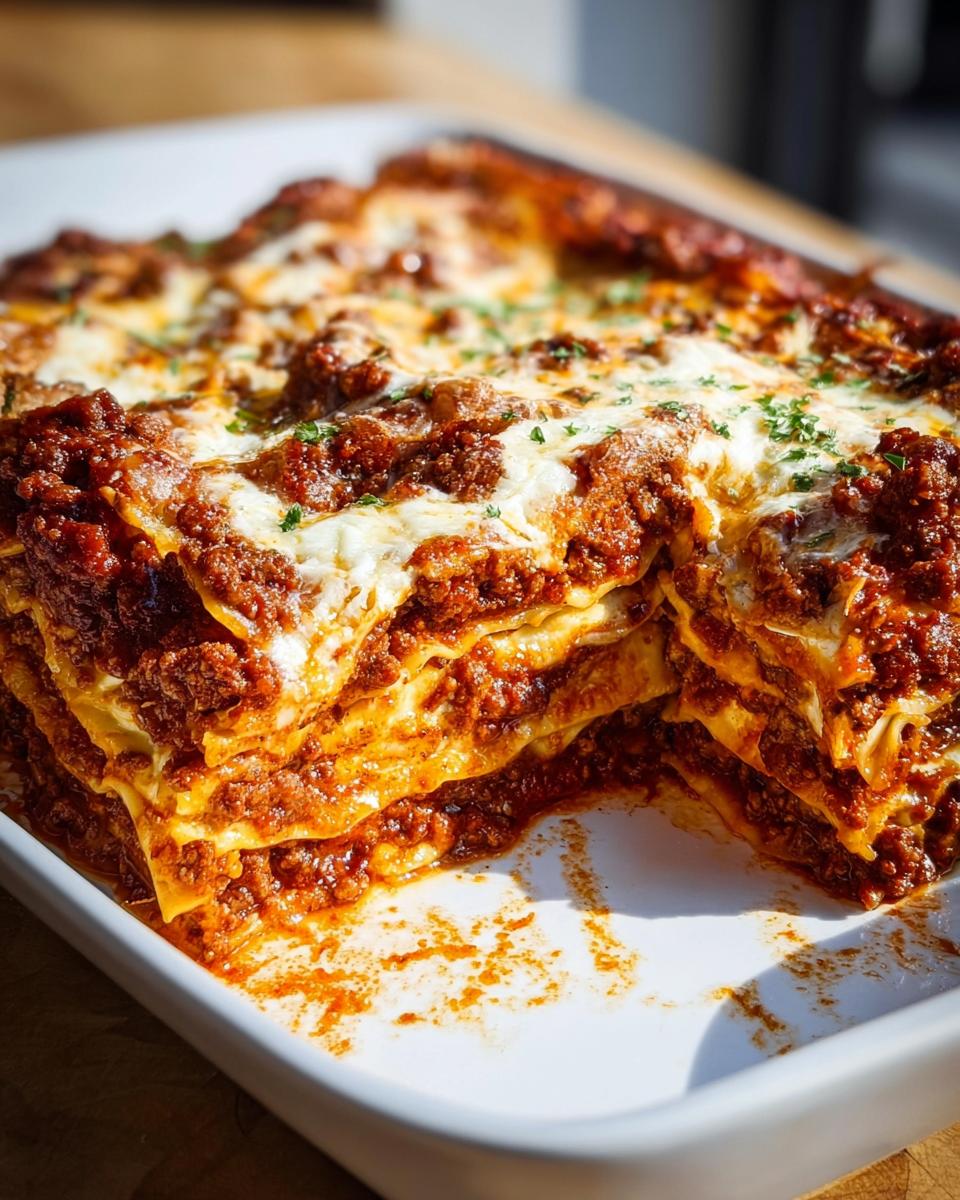 A close-up of a freshly baked Classic Beef Lasagna with rich tomato sauce, showing multiple layers and melted cheese topping.