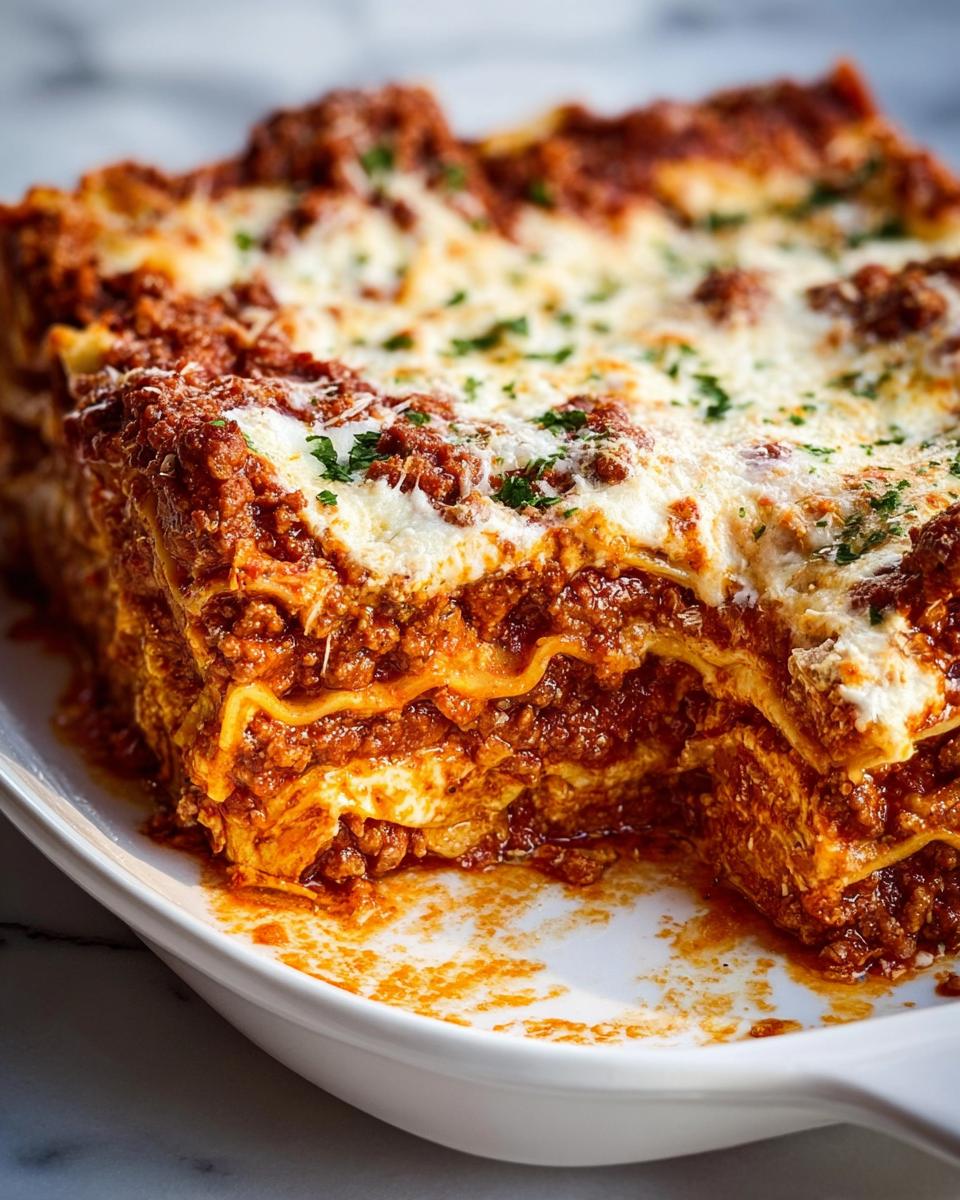 A close-up of a thick slice of Classic Beef Lasagna with Rich Tomato Sauce, showing layers of pasta, meat sauce, and melted cheese.