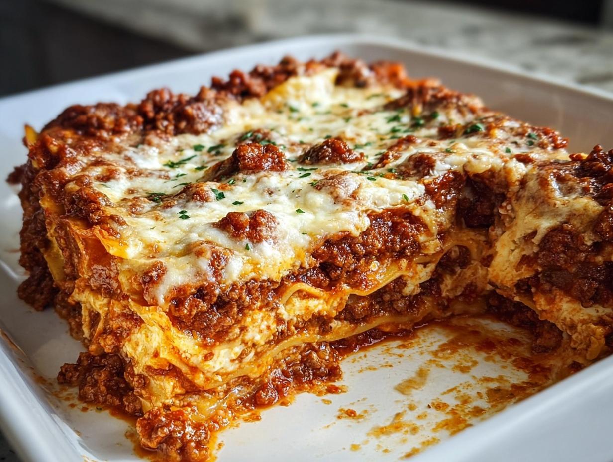 A generous, cheesy slice of Classic Beef Lasagna with Rich Tomato Sauce, showing layered pasta and meat filling.