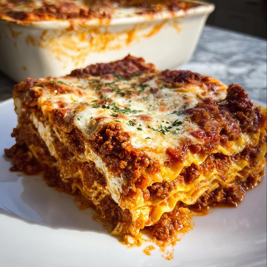 A generous slice of Classic Beef Lasagna with Rich Tomato Sauce, showing layers of pasta, meat sauce, and melted cheese.