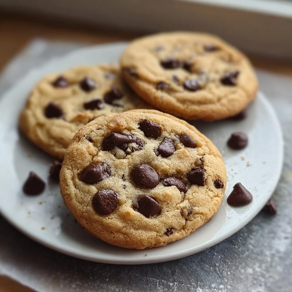 Three golden brown Classic Chocolate Chip Cookies with crisp edges piled on a white plate.
