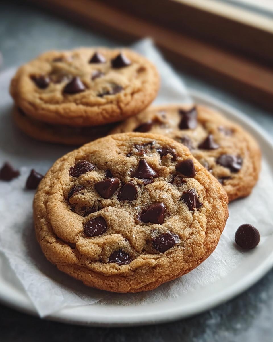 Close-up of several Classic Chocolate Chip Cookies with crisp edges piled on a white plate.