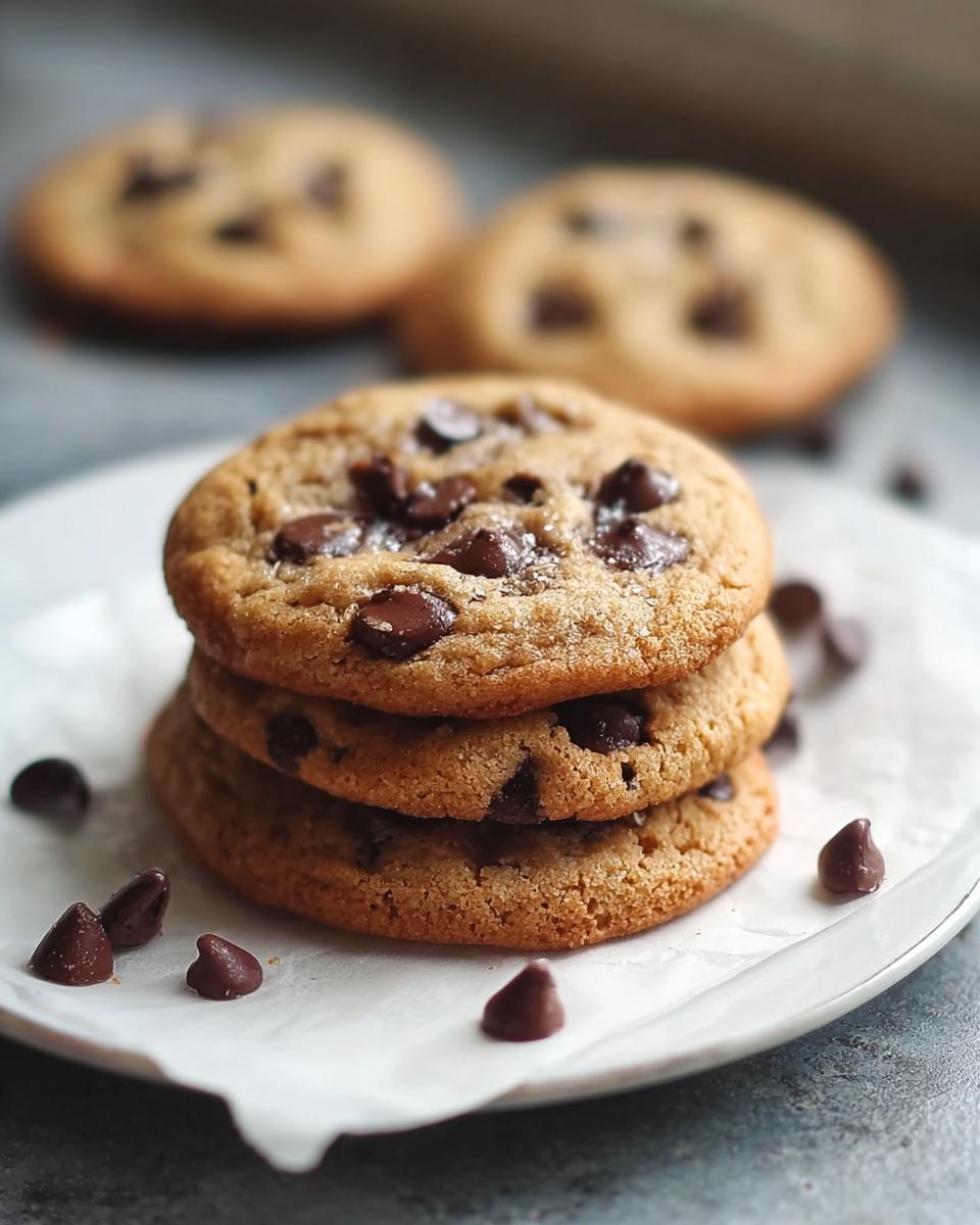 A stack of three Classic Chocolate Chip Cookies with crisp edges, topped with melted chips.