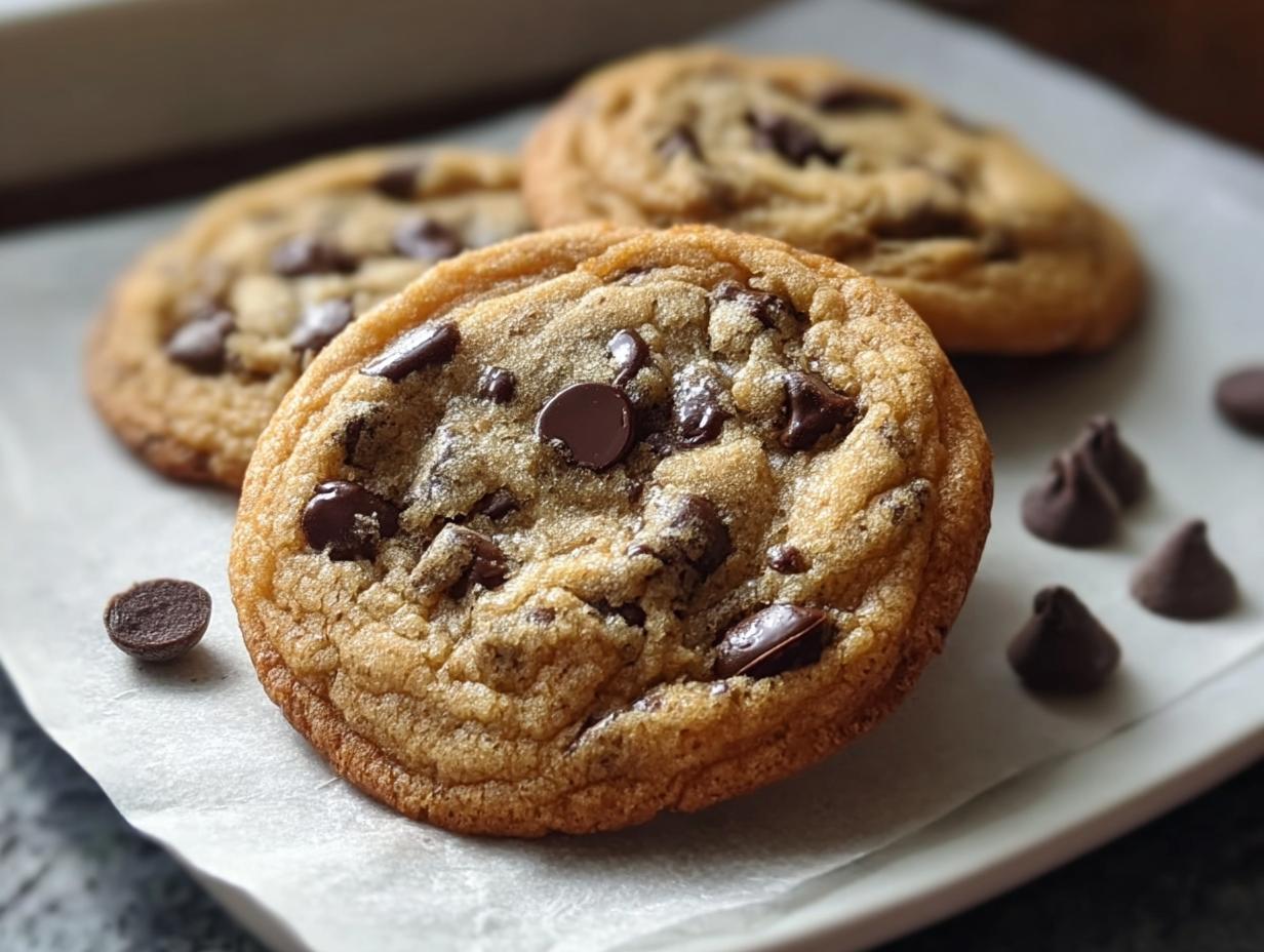 A close-up of a perfectly baked Classic Chocolate Chip Cookie showing crisp edges and melted chocolate chips.
