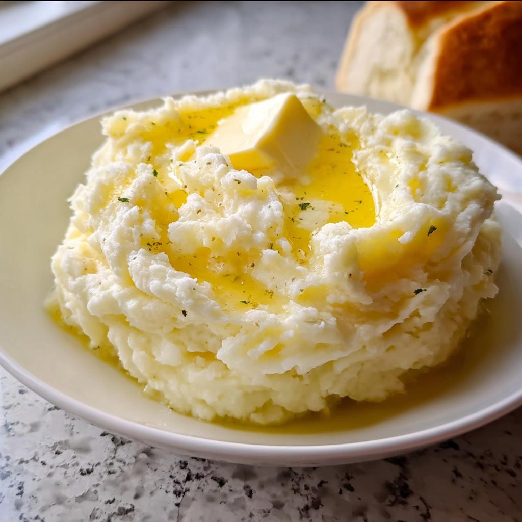 A close-up of Classic Creamy Mashed Potatoes with Butter melting on top in a white bowl.