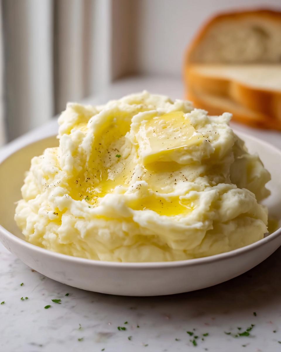 A white bowl filled with Classic Creamy Mashed Potatoes with Butter melting on top, seasoned with pepper.
