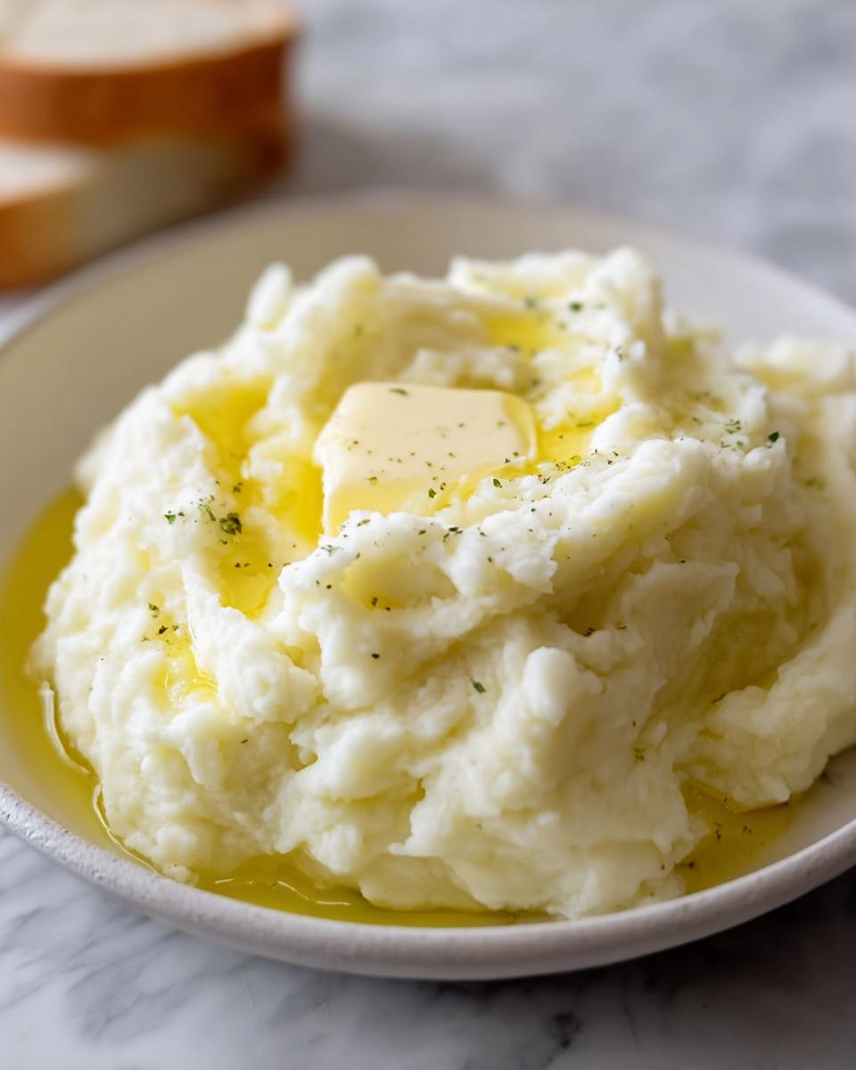 A bowl of fluffy Classic Creamy Mashed Potatoes with Butter melting on top, sprinkled with herbs.