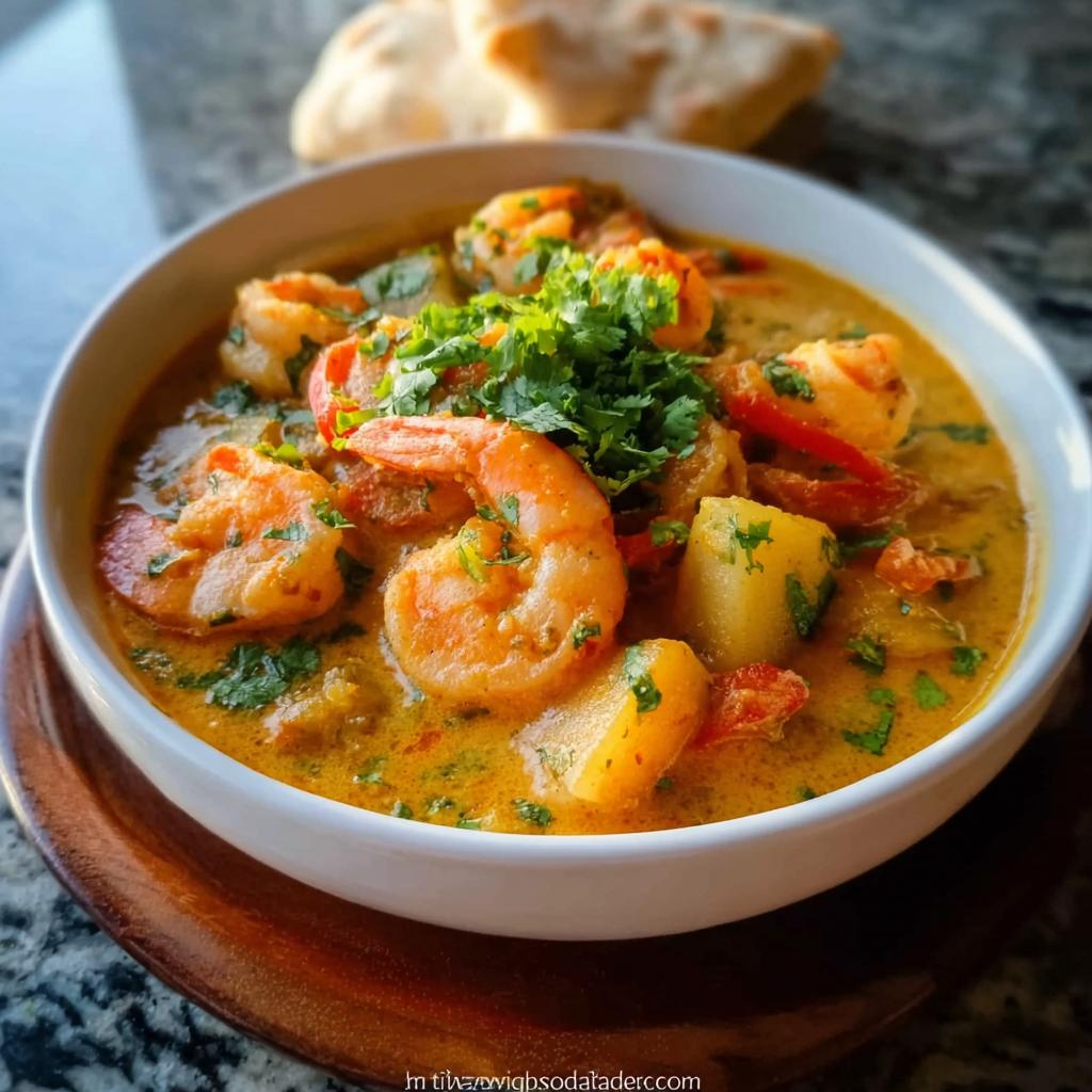 A white bowl filled with rich Coconut Curry Shrimp with Cozy Sauce, topped with fresh cilantro.