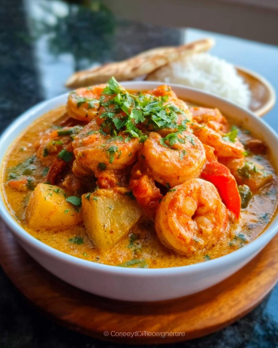 A white bowl filled with rich, orange Coconut Curry Shrimp with Cozy Sauce, garnished with cilantro, served with rice and naan in the background.