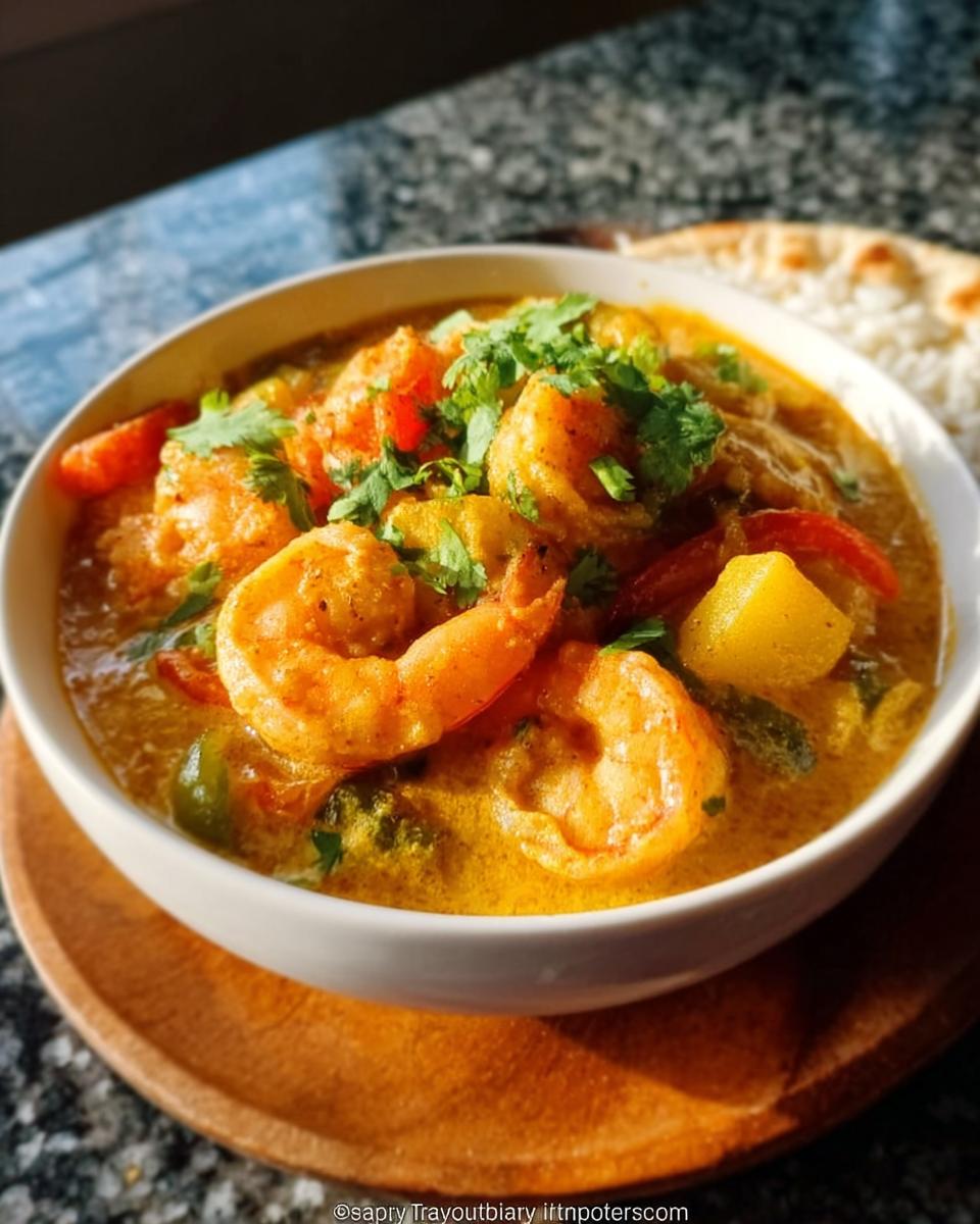 Close-up of a white bowl filled with Coconut Curry Shrimp with Cozy Sauce, garnished with cilantro.