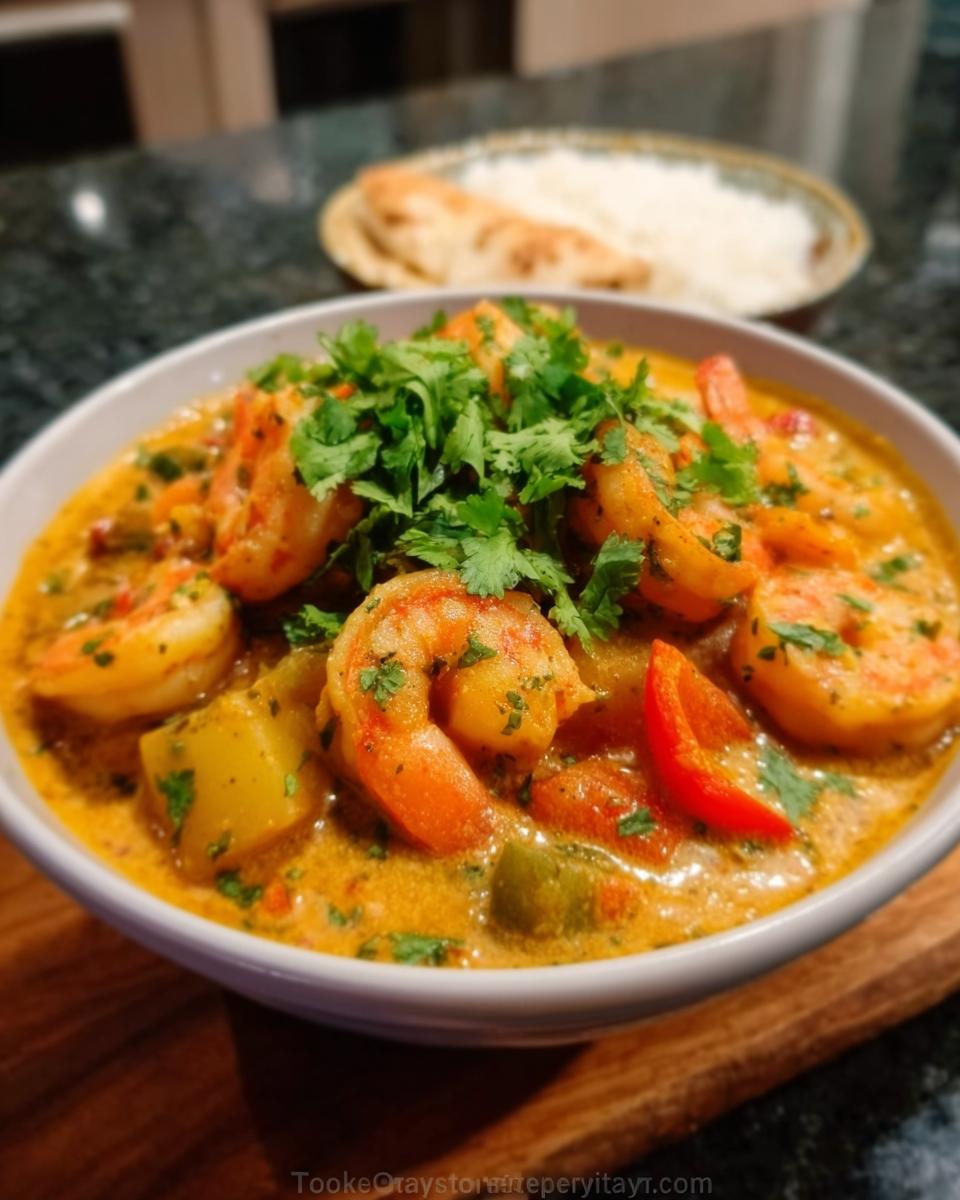 A close-up of a white bowl filled with Coconut Curry Shrimp with Cozy Sauce, garnished with fresh cilantro.