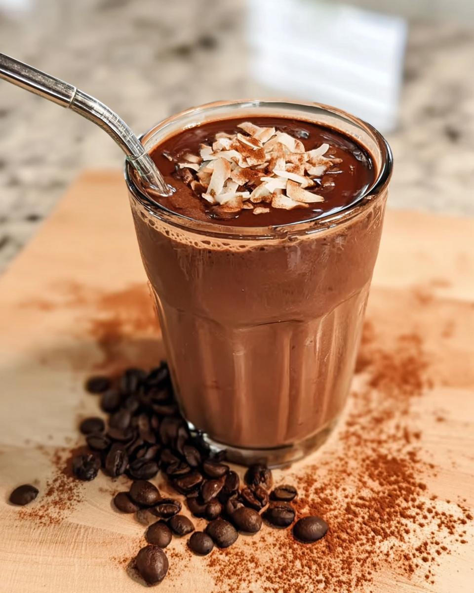 A rich, dark brown Coffee Smoothie with Mocha Vibes topped with coconut flakes and cocoa powder.
