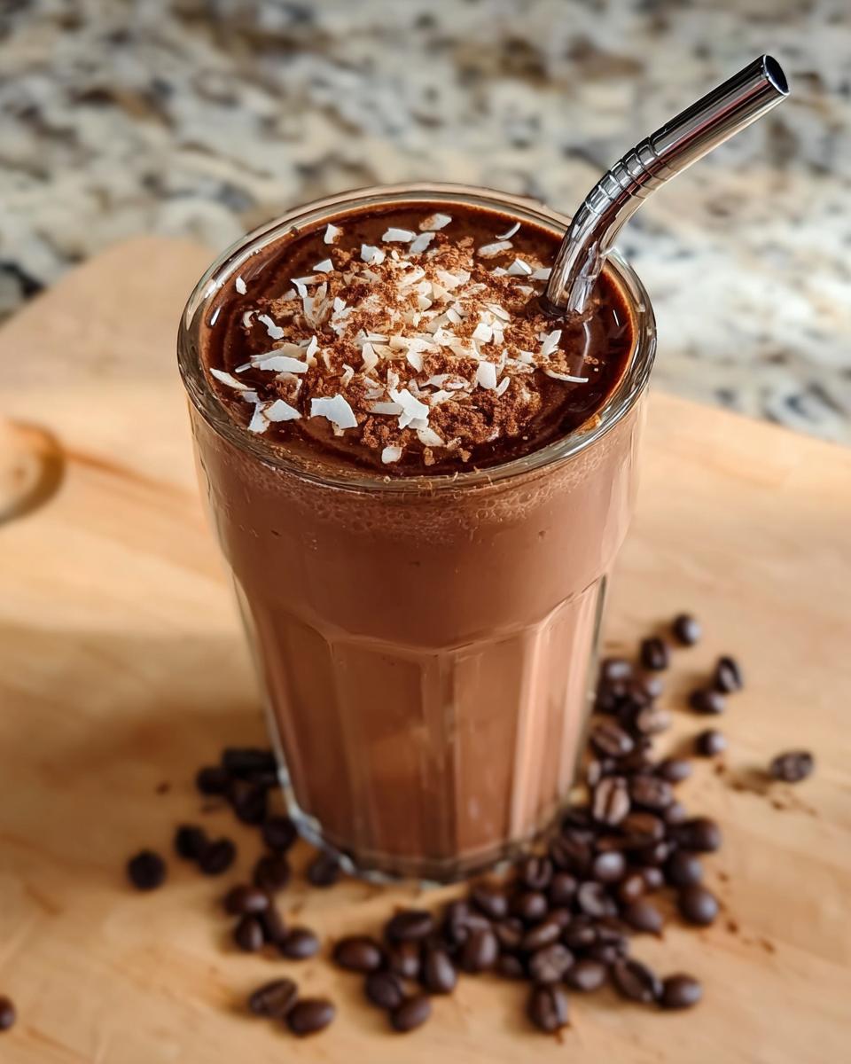 A glass of rich brown Coffee Smoothie with Mocha Vibes, topped with coconut flakes and cocoa powder, next to coffee beans.