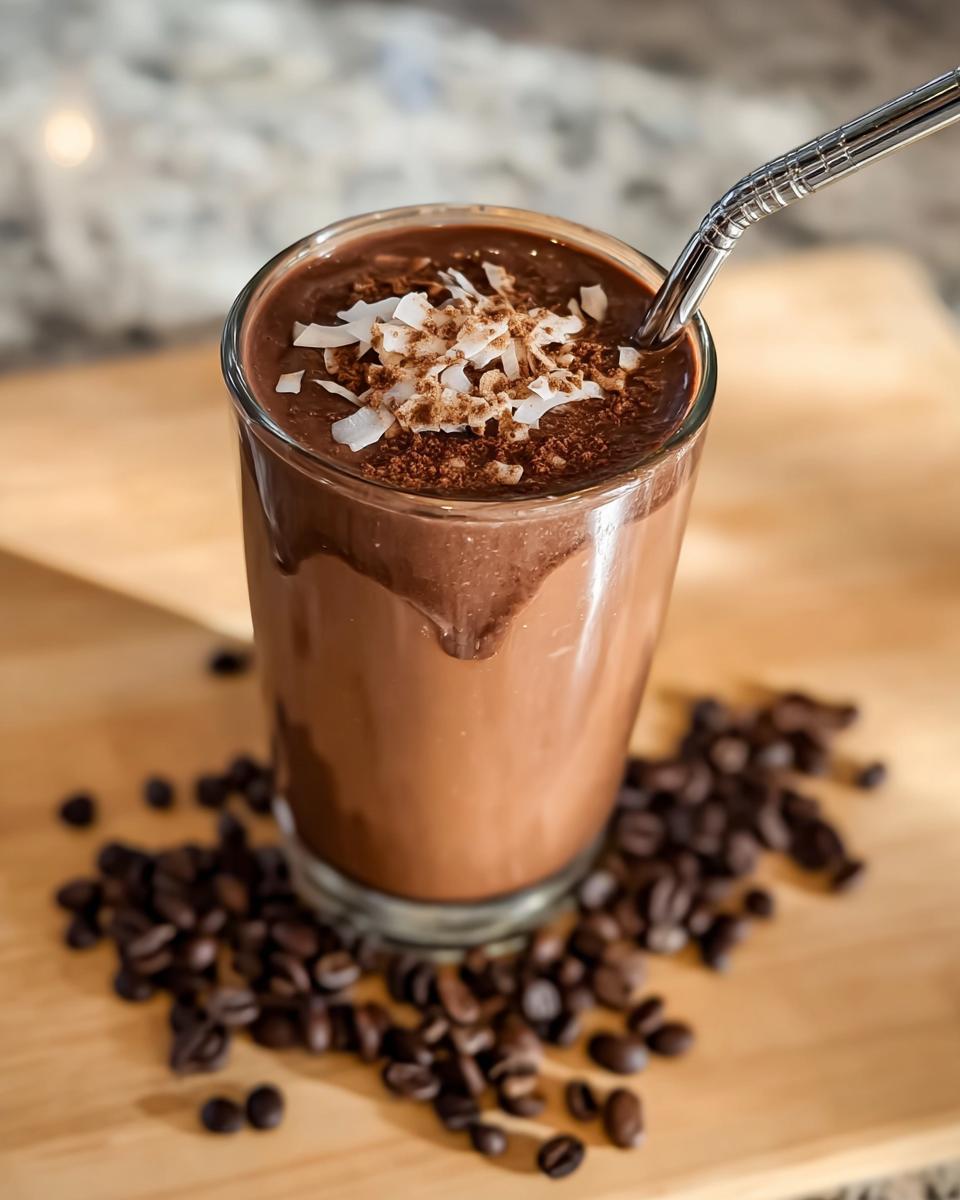 A rich, chocolate-brown Coffee Smoothie with Mocha Vibes topped with shredded coconut and cocoa powder.
