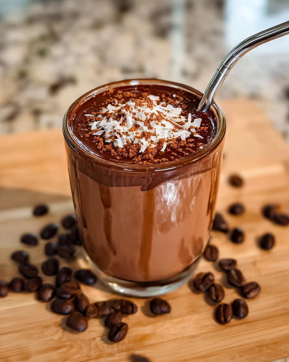 A rich, chocolatey Coffee Smoothie with Mocha Vibes topped with coconut flakes and cocoa powder.