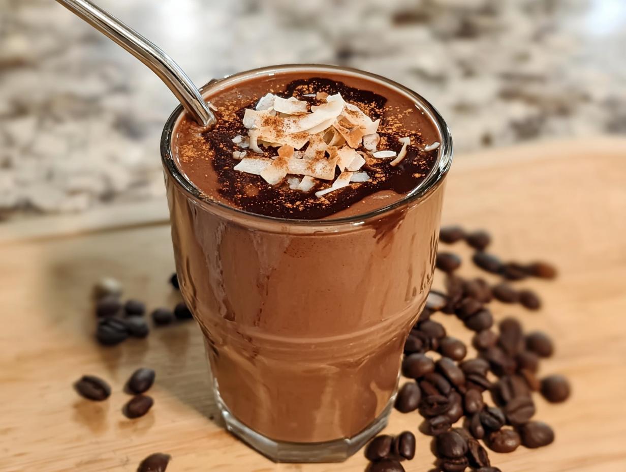 A rich, brown Coffee Smoothie with Mocha Vibes topped with coconut flakes and chocolate drizzle.