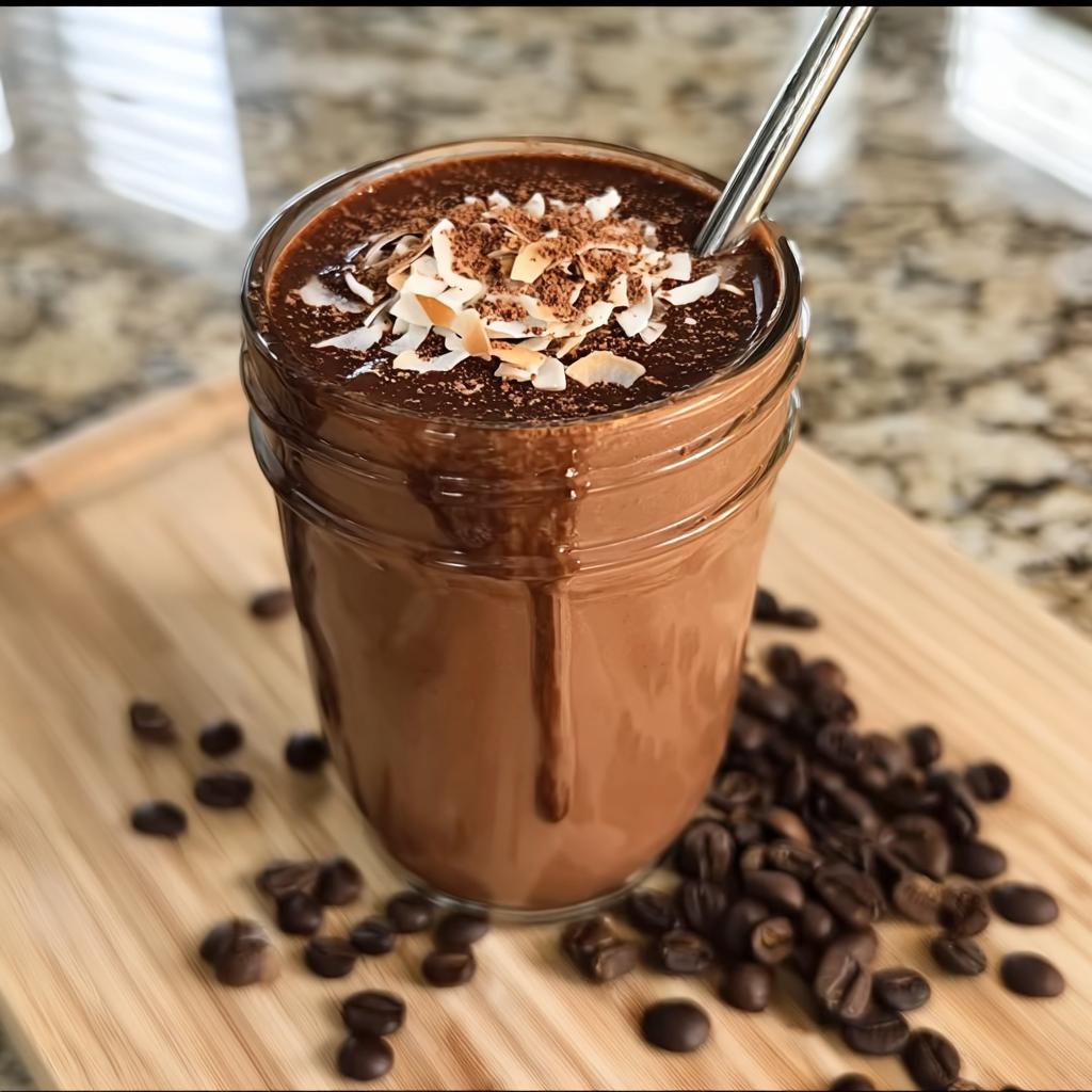 A rich, chocolatey Coffee Smoothie with Mocha Vibes topped with coconut flakes and cocoa powder in a mason jar.