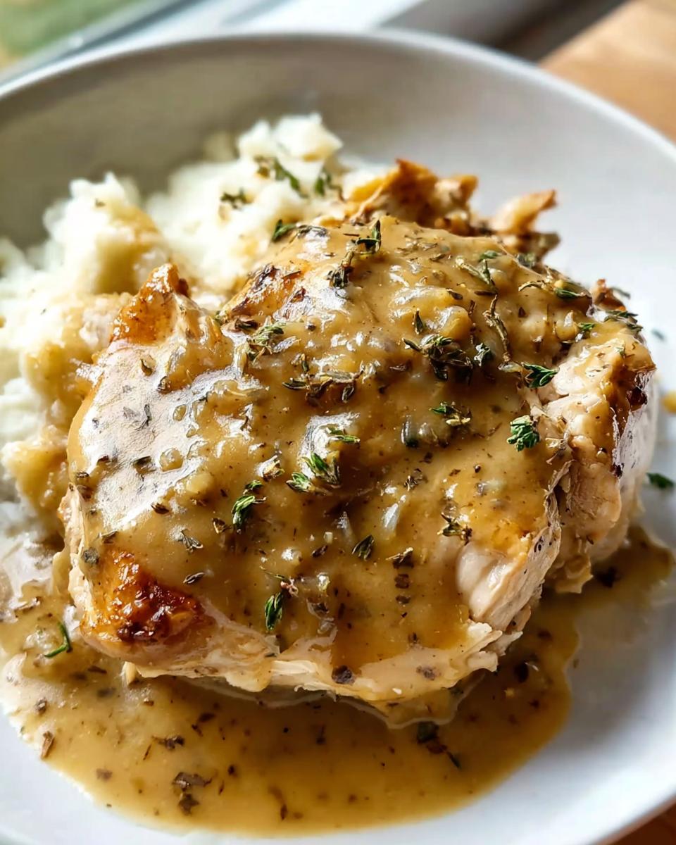 Close-up of Comfort Style Chicken with Creamy Gravy served over mashed potatoes and garnished with thyme.
