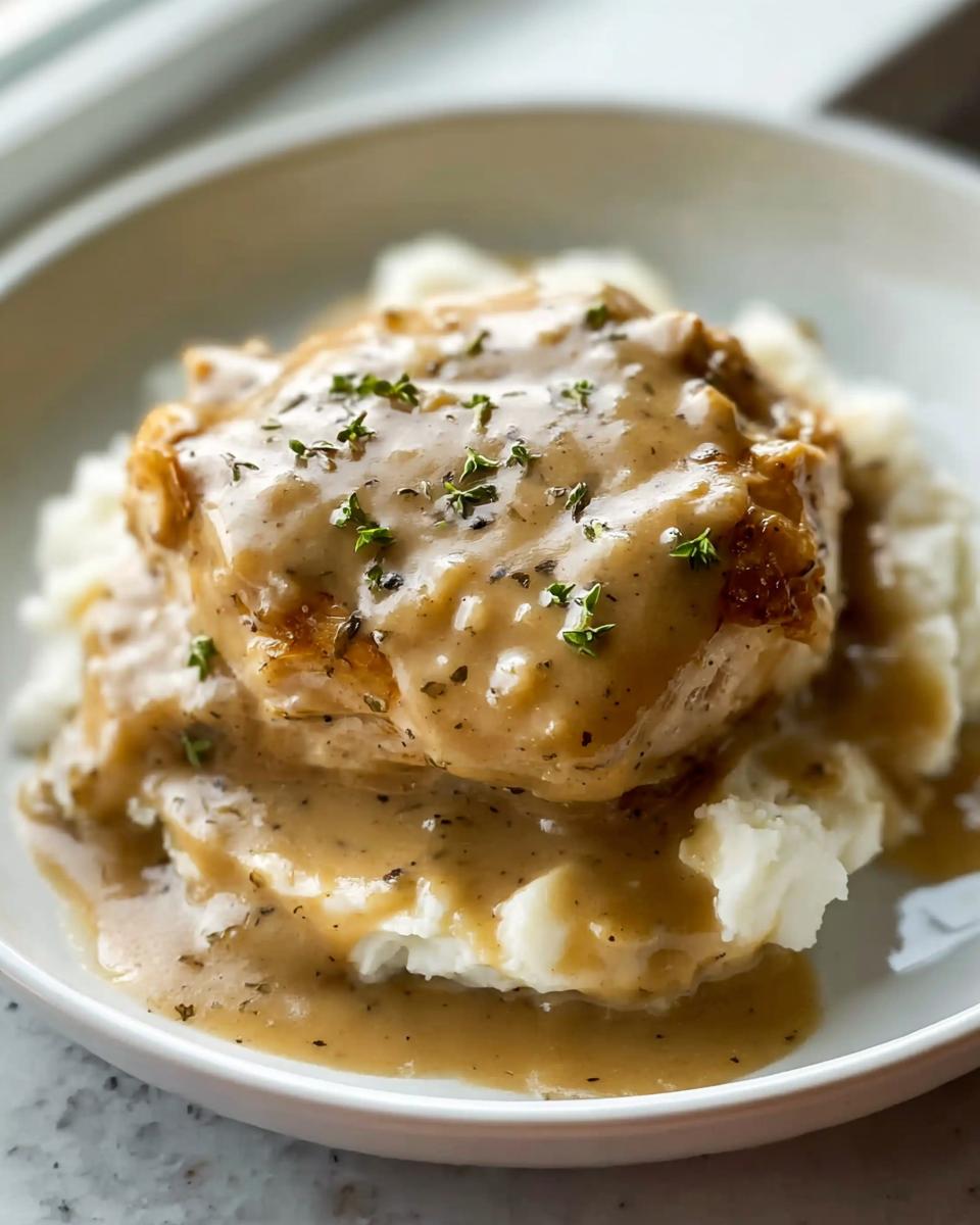 A close-up of Comfort Style Chicken with Creamy Gravy generously poured over a bed of fluffy mashed potatoes.