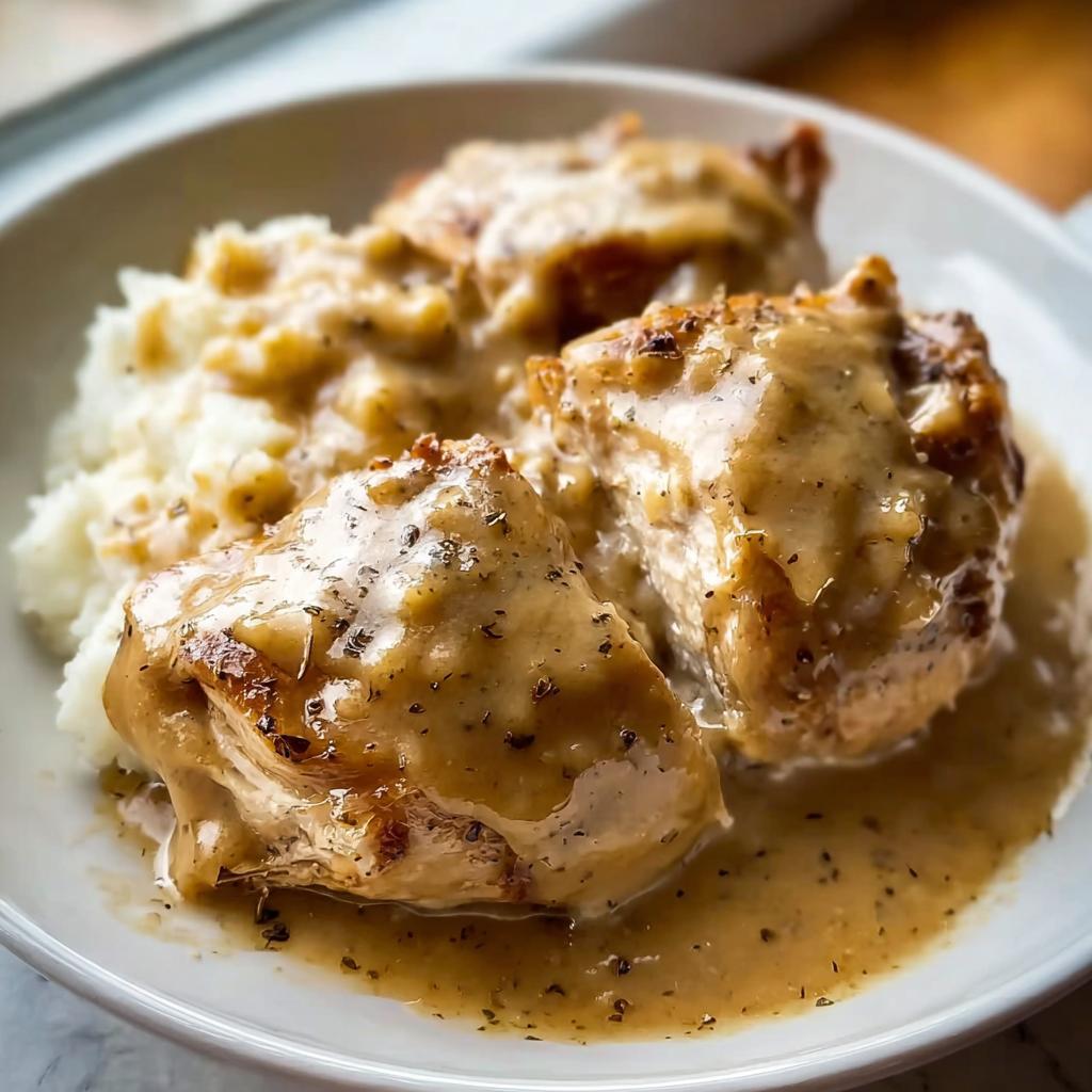 Three pieces of golden-brown Comfort Style Chicken with Creamy Gravy served over mashed potatoes.