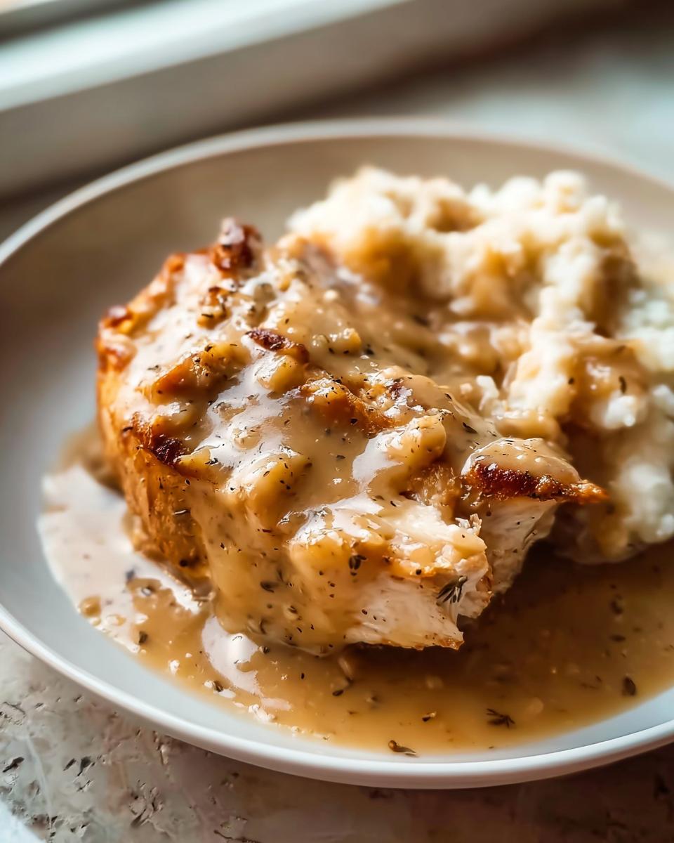 A close-up of Comfort Style Chicken with Creamy Gravy served next to mashed potatoes in a white bowl.