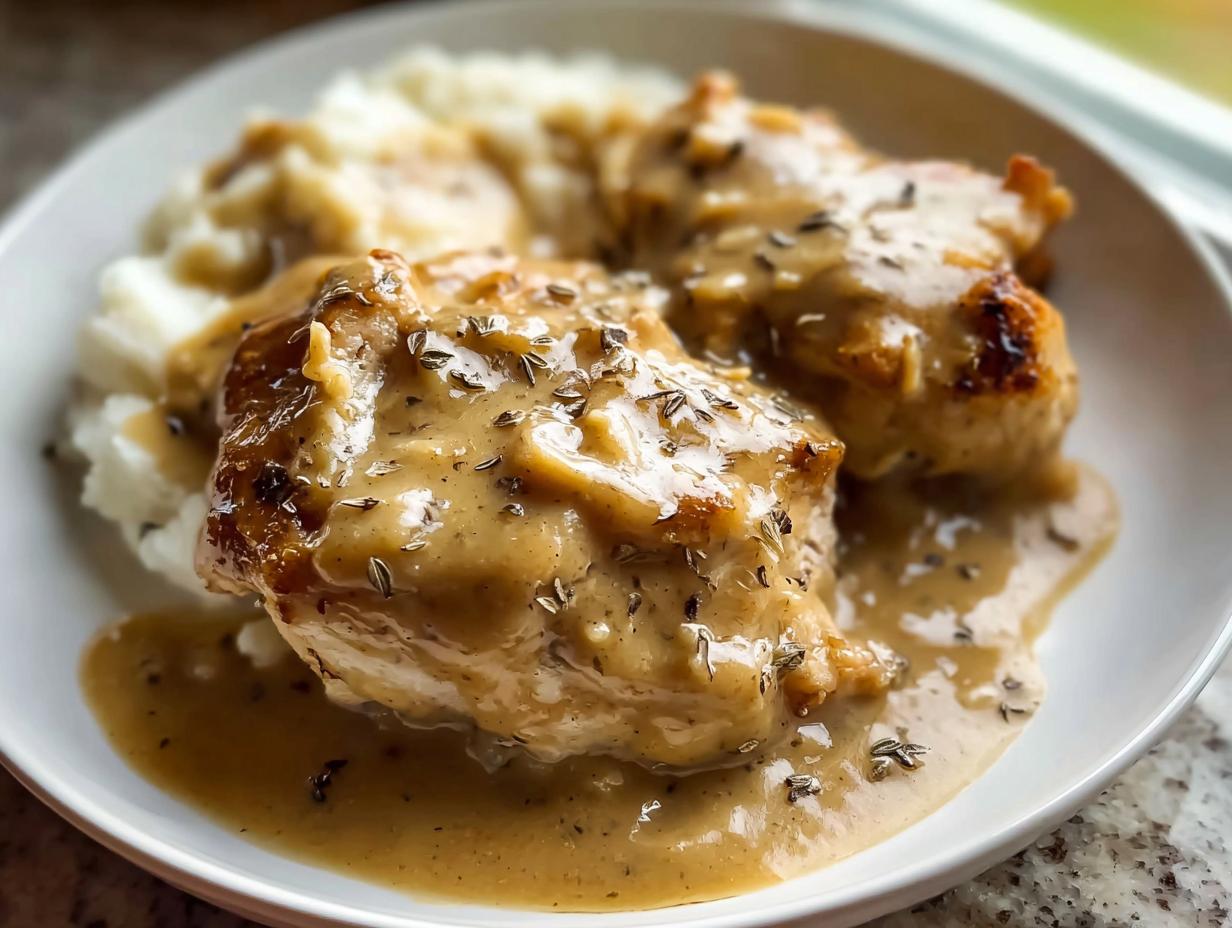 Two pieces of golden-brown Comfort Style Chicken with Creamy Gravy served over mashed potatoes.